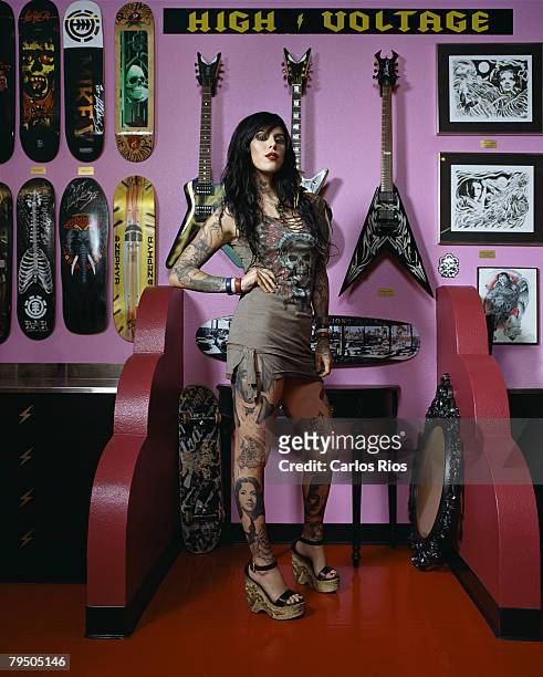 Tattoo artist Kat Von D poses at a portrait session at High Voltage Tattoo in Los Angeles, CA. Published image.