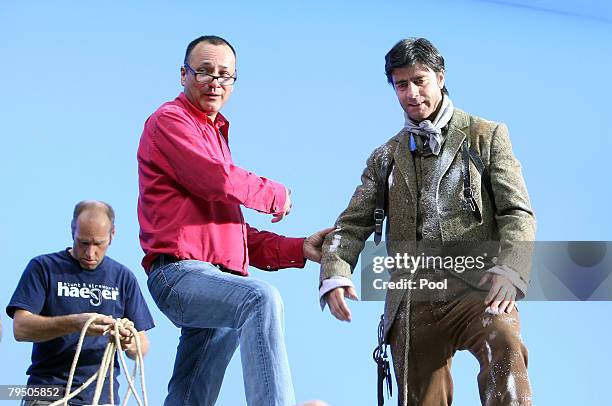 Head coach Joachim Loew of the German National Team and director Laszlo Kadar are seen during a making of a Mercedes Benz advert at the X-Sight...