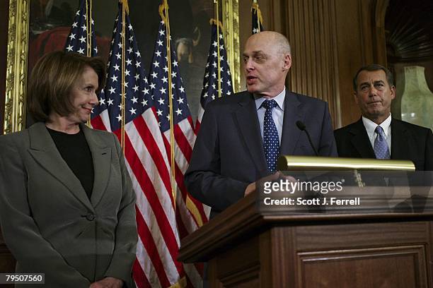 Jan. 24: House Speaker Nancy Pelosi, D-Calif., Treasury Secretary Henry M. Paulson Jr. And House Minority Leader John A. Boehner, R-Ohio, during a...