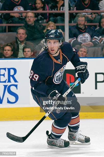 Sam Gagner of the Edmonton Oilers watches the play during a game against the San Jose Sharks at Rexall Place on January 29, 2008 in Edmonton,...