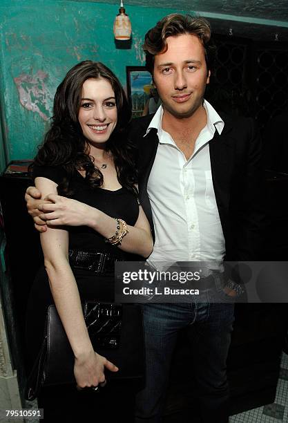 Actress Anne Hathaway and Raffaello Follieri attend the Miss Sixty Fall 2008 Dinner Party during Mercedes-Benz Fashion Week at Socialista on February...