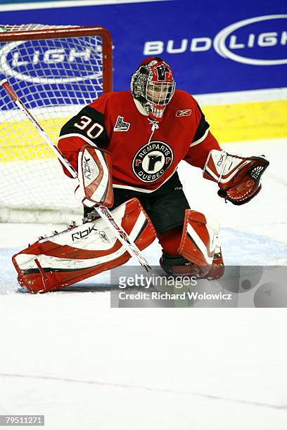 Jonathan Roy of the Quebec City Remparts gets ready to stop a shot during the game against the Moncton Wildcats at Colisee Pepsi on January 31, 2008...