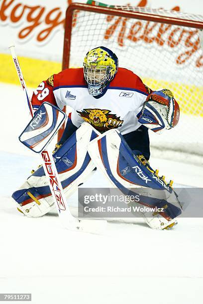 Nicola Riopel of the Moncton Wildcats watches play during the game against the Quebec City Remparts at Colisee Pepsi on January 31, 2008 in Quebec...