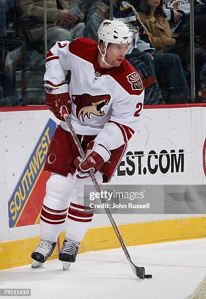 Keith Ballard of the Phoenix Coyotes skates against the Nashville Predators on February 2, 2008 at the Sommet Center in Nashville, Tennessee.