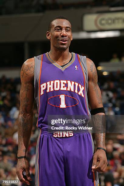 Amare Stoudemire of the Phoenix Suns smiles during the NBA game against the Sacramento Kings on December 30, 2007 at Arco Arena in Sacramento,...