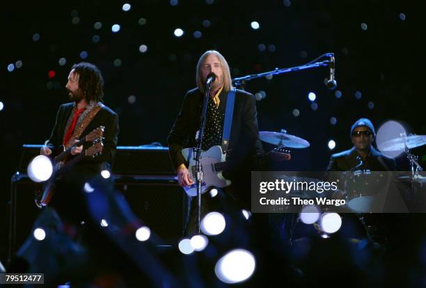 General view of Tom Petty and The Heartbereakers performing during the 'Bridgestone Halftime Show' at Super Bowl XLII between the New York Giants and...