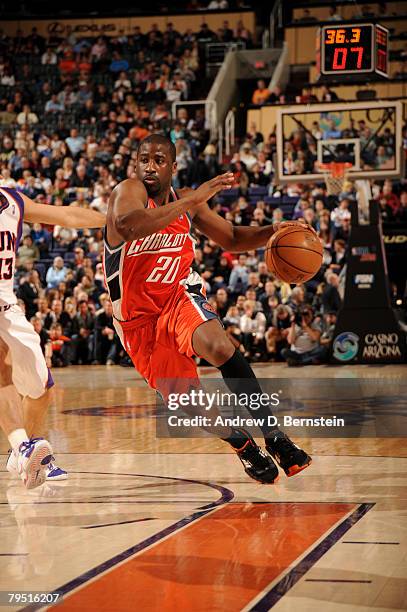 Raymond Felton of the Charlotte Bobcats drives against Steve Nash of the Phoenix Suns at U.S. Airways Center on February 4, 2008 in Phoenix, Arizona....