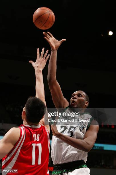 Al Jefferson of the Minnesota Timberwolves shoots over Yao Ming of the Houston Rockets on February 4, 2008 at the Target Center in Minneapolis,...