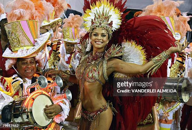 Brazilian actress Grazielli Masafera, Queen of the Drummers of Academicos do Grande Rio samba school, parades at the Sambodrome during the second...