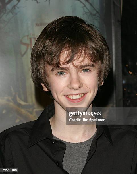 Actor Freddie Highmore arrives at the "The Spiderwick Chronicles" Premiere at the AMC Lincoln Square on February 4, 2008 in New York City.