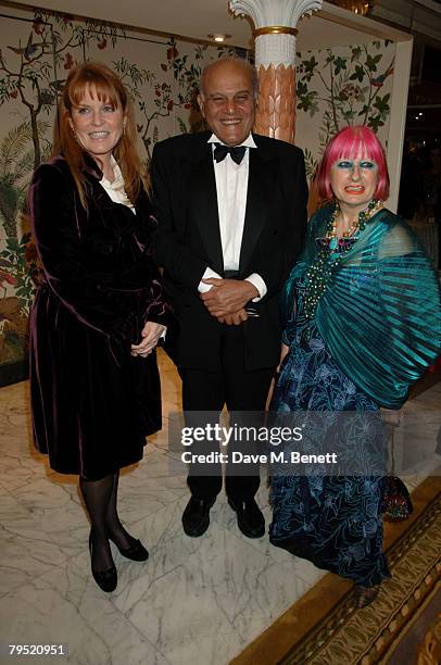 Sarah, Duchess of York, Sir Magdi Yacoub and Zandra Rhodes attend the Chain of Hope Annual Ball at the Dorchester Hotel on February 4, 2008 in...