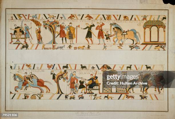 In a scene from the Bayeux Tapestry, messengers inform William the Conqueror that the future King Harold II has been taken prisoner by Count Guy of...