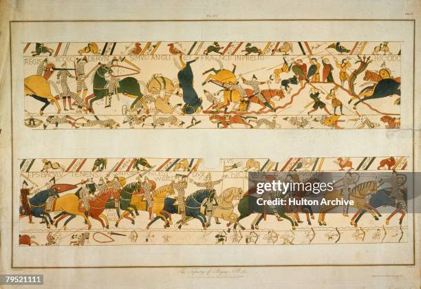 Scene from the Bayeux Tapestry, depicting the Norman Invasion of 1066. William the Conqueror's half-brother Bishop Odo of Bayeux encourages his...