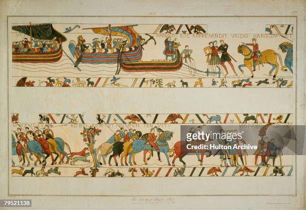 In a scene from the Bayeux Tapestry, the future King Harold II lands at Ponthieu in Normandy and is taken prisoner by Count Guy of Ponthieu, 1064....