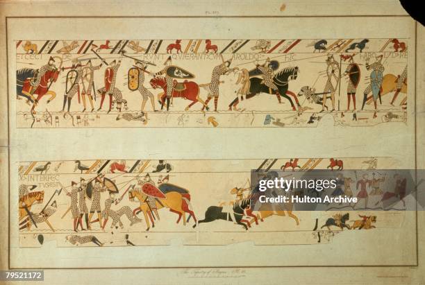 Scene from the Bayeux Tapestry, depicting the Norman Invasion of 1066. King Harold II is killed at the Battle of Hastings. The tapestry is housed in...