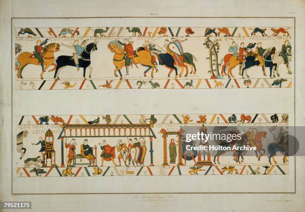 In a scene from the Bayeux Tapestry, William the Conqueror rescues the future King Harold II from captivity in France and betrothes his daughter...