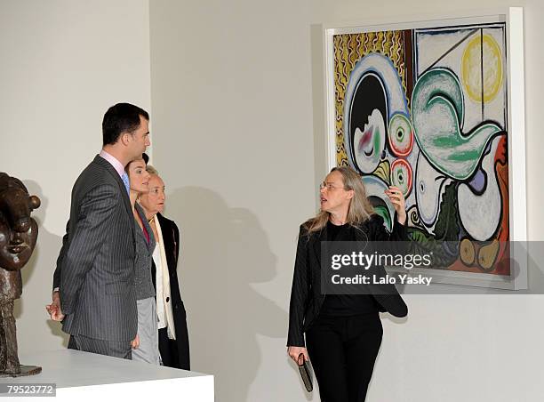 Prince Felipe and Princess Letizia of Spain speak with Anne Baldassari, curator and director of Mus?e National Picasso de Par?s, at the opening of La...