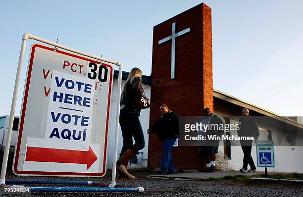 Voters enter the First Baptist Church polling station to cast their votes February 5, 2008 in Maricopa, Arizona. Voters in 24 states head to the...