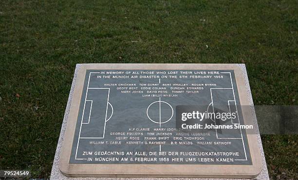 Memorial stone recalls the place of the Munich air desaster of the 6th February 1958, as 23 people including 8 members of the Manchester United...