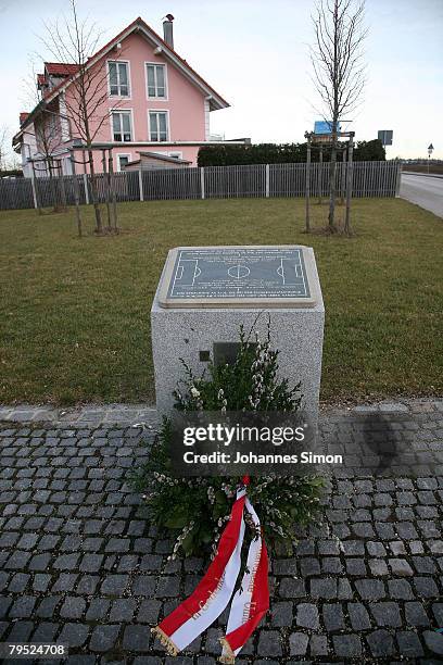 Memorial stone recalls the place of the Munich air desaster of the 6th February 1958, as 23 people including 8 members of the Manchester United...