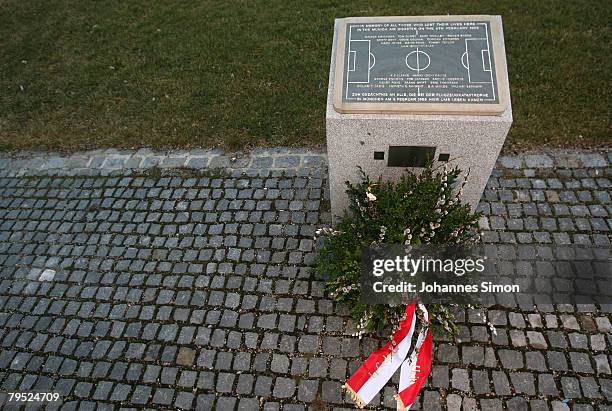 Memorial stone recalls the place of the Munich air desaster of the 6th February 1958, as 23 people including 8 members of the Manchester United...