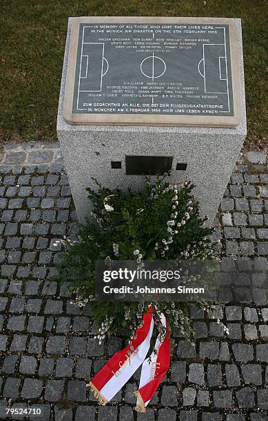Memorial stone recalls the place of the Munich air desaster of the 6th February 1958, as 23 people including 8 members of the Manchester United...