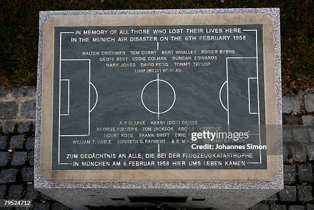 Memorial stone recalls the place of the Munich air desaster of the 6th February 1958, as 23 people including 8 members of the Manchester United...