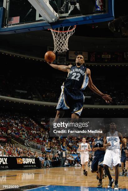 Rudy Gay of the Memphis Grizzlies goes for a dunk against the Orlando Magic during the game at Amway Arena on December 15, 2007 in Orlando, Florida....