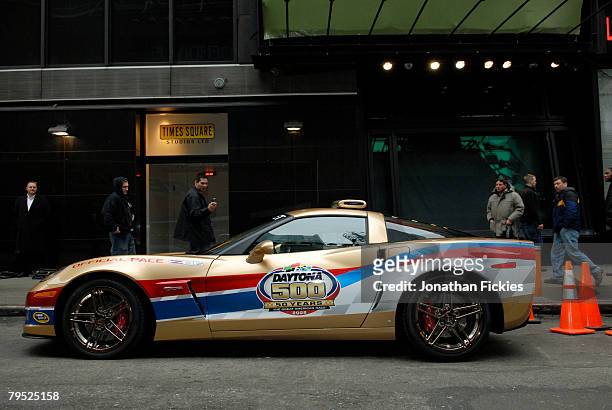 The Chevrolet Corvette Z06 Pace Car for the 2008 Daytona 500 is parked after a taping for "Good Morning America Now" with Kevin Harvick February 5,...