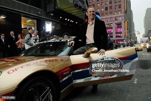 Defending Daytona 500 Champion Kevin Harvick poses with the Chevrolet Corvette Z06 Pace Car for the 2008 Daytona 500 after a taping for "Good Morning...