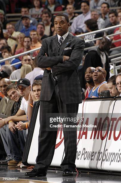 Head coach Isiah Thomas of the New York Knicks looks on against the Orlando Magic at Amway Arena on December 26, 2007 in Orlando, Florida. The Magic...