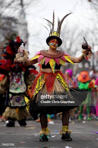 Reveler dances in the Krewe of Mondo Kayo on Mardi Gras day, February 5, 2008 in New Orleans, Louisiana. Mardi Gras day, or Fat Tuesday, is a...