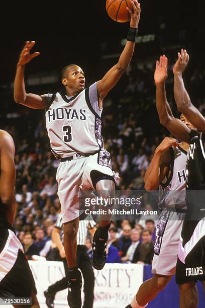 Allen Iverson of the Georgetown Hoyas goes to the basket during a basketbal at Capital Centre on December 10, 1994 in Landover, Maryland.