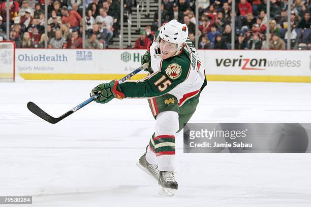 James Sheppard of the Minnesota Wild shoots the puck against the Columbus Blue Jackets on February 2, 2008 at Nationwide Arena in Columbus, Ohio.
