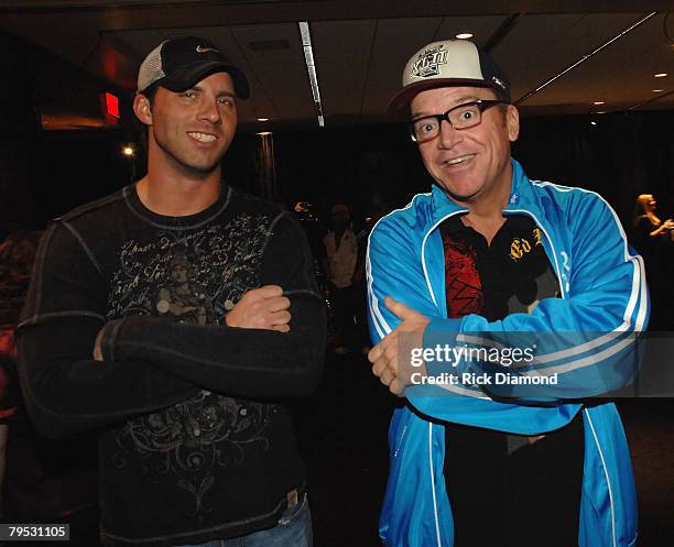 Jay Barker and actor Tom Arnold attend the Official Super Bowl XLII Talent and Player Gift Lounge produced by the NFL and ON 3 Productions held at...