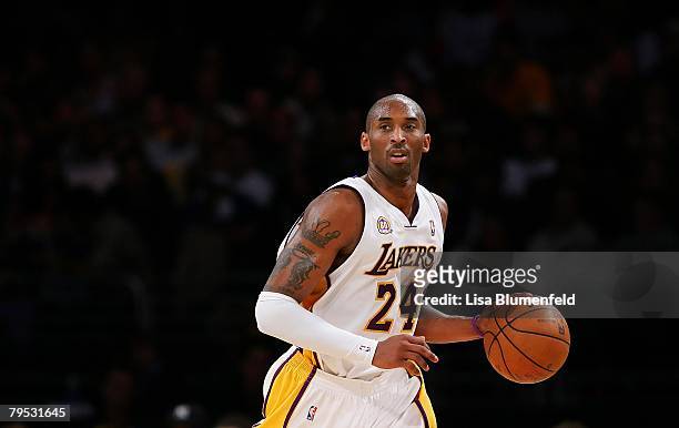 Kobe Bryant of the Los Angeles Lakers drives the ball upcourt during the game against the Cleveland Cavaliers at Staples Center on January 27, 2008...