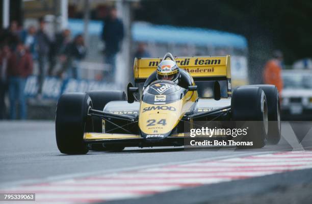 Italian racing driver Alessandro Nannini drives the Minardi Team Minardi M187 Motori Moderni V6t in the 1987 Belgian Grand Prix at Circuit de...