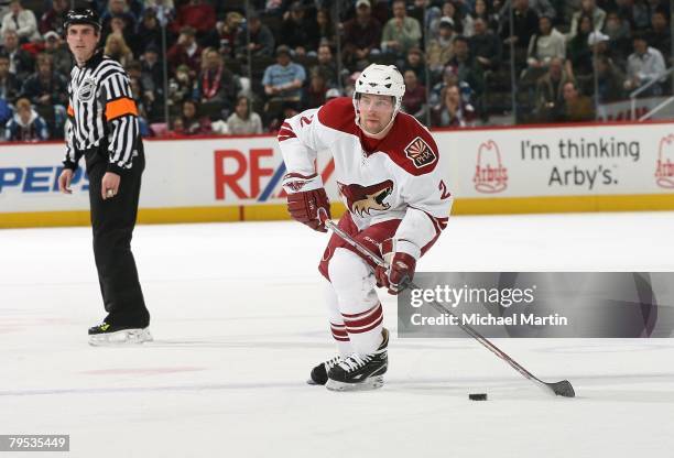 Keith Ballard of the Phoenix Coyotes skates against the Colorado Avalanche at the Pepsi Center on February 4, 2008 in Denver, Colorado. The Coyotes...