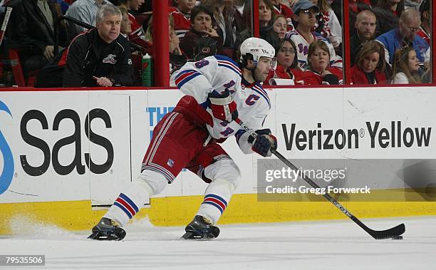 Jaromir Jagr of the New York Rangers carries the puck during their NHL game against the Carolina Hurricanes at RBC Center in Raleigh, North Carolina...