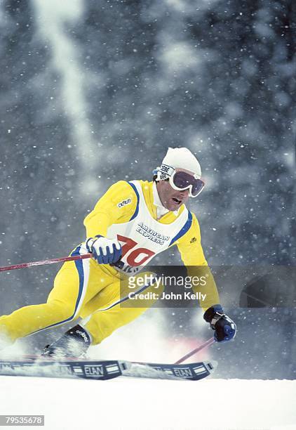 Ingemar Stenmark races towards victory in the Giant Slalom in 1984.