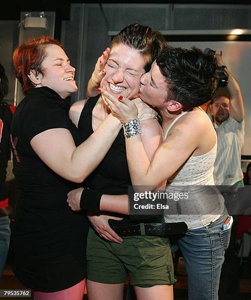 Roxxy Balboa and Vic Payback congratulate fellow fighter and friend Boozy Suzy after she won the PFL title fight against Champain at the Petit Campus...