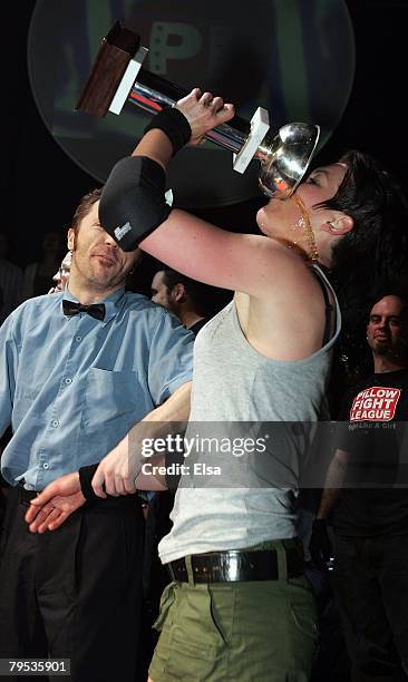 Boozy Suzy takes a swig of beer from the Tecumseth Cup after she won the trophy at the Mod Club on May 1,1007 in Toronto, Ontario. Commissioner...