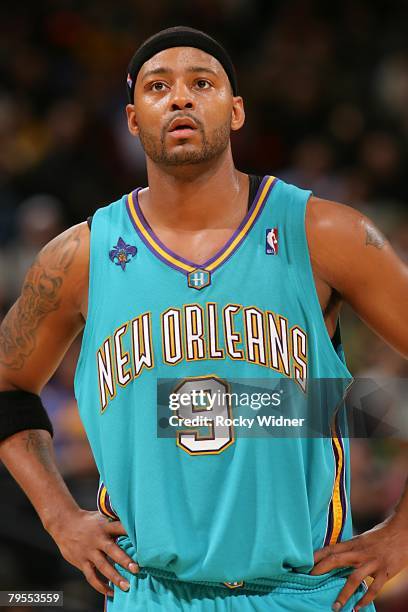 Morris Peterson of the New Orleans Hornets looks on during the NBA game against the Golden State Warriors on January 4, 2008 at Oracle Arena in...