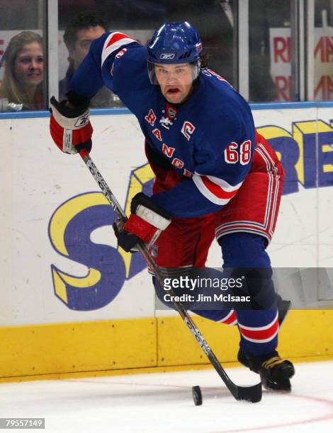 Jaromir Jagr of the New York Rangers skates against the Los Angeles Kings on February 5, 2008 at Madison Square Garden in New York City.