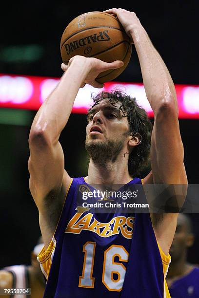 Pau Gasol of the Los Angeles Lakers shoots a free throw against the New Jersey Nets at the Izod Center on February 5, 2008 in East Rutherford, New...