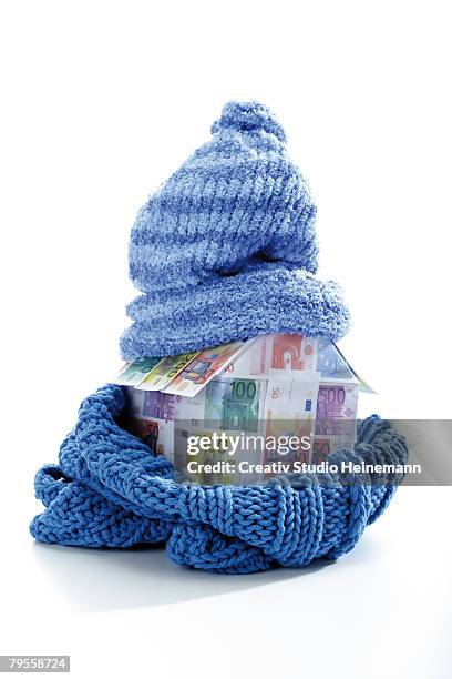 house of euro notes wrapped in scarf and cap - schal freisteller stock-fotos und bilder