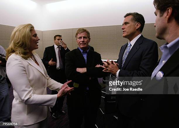 Republican presidential candidate and former Massachusetts governor Mitt Romney his wife Ann Romney and Stu Stevens a Campaign Advisor talk back...