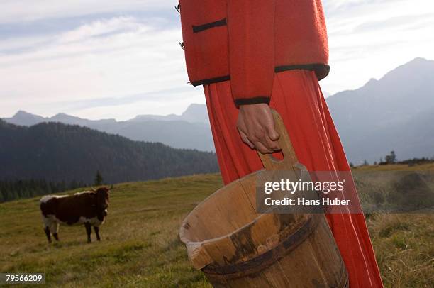 woman holding butter tub, cow in background - butter churn stock pictures, royalty-free photos & images