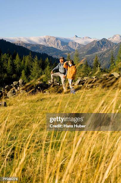 couple in mountains, standing in meadow - couple dark background stock pictures, royalty-free photos & images