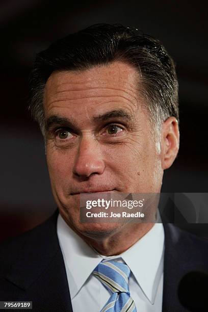 Republican presidential candidate and former Massachusetts governor Mitt Romney speaks during his Super Tuesday night party at the Boston Convention...